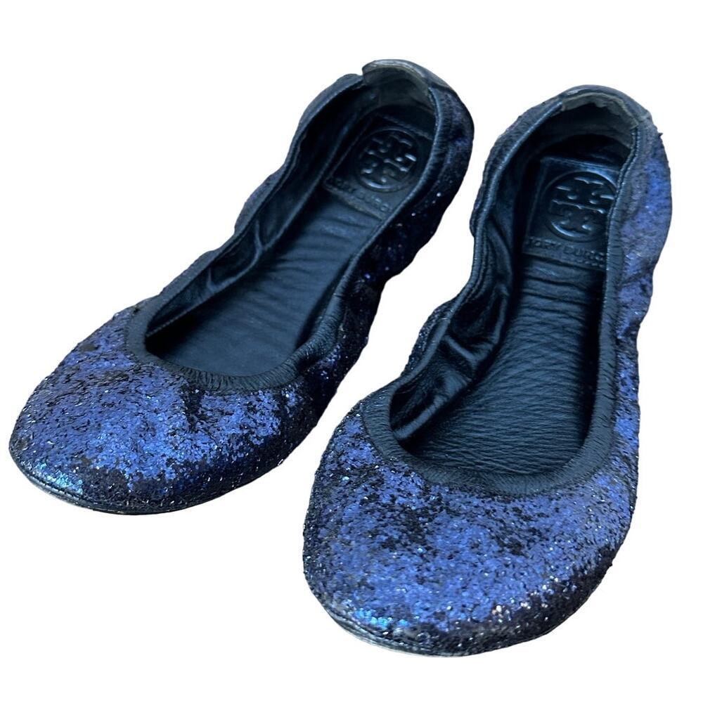 Tory Burch Dark Blue Eddie Glitter Round Toe Leather Ballet Flats Size 8